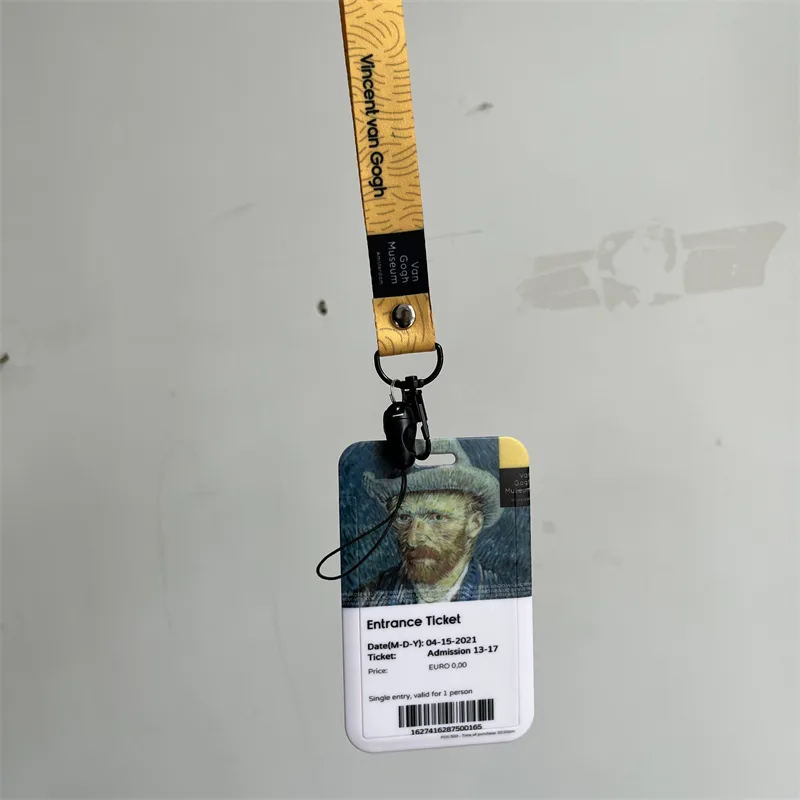 Card-shaped acrylic keychain with a Van Gogh style ID-card artwork on a printed lanyard