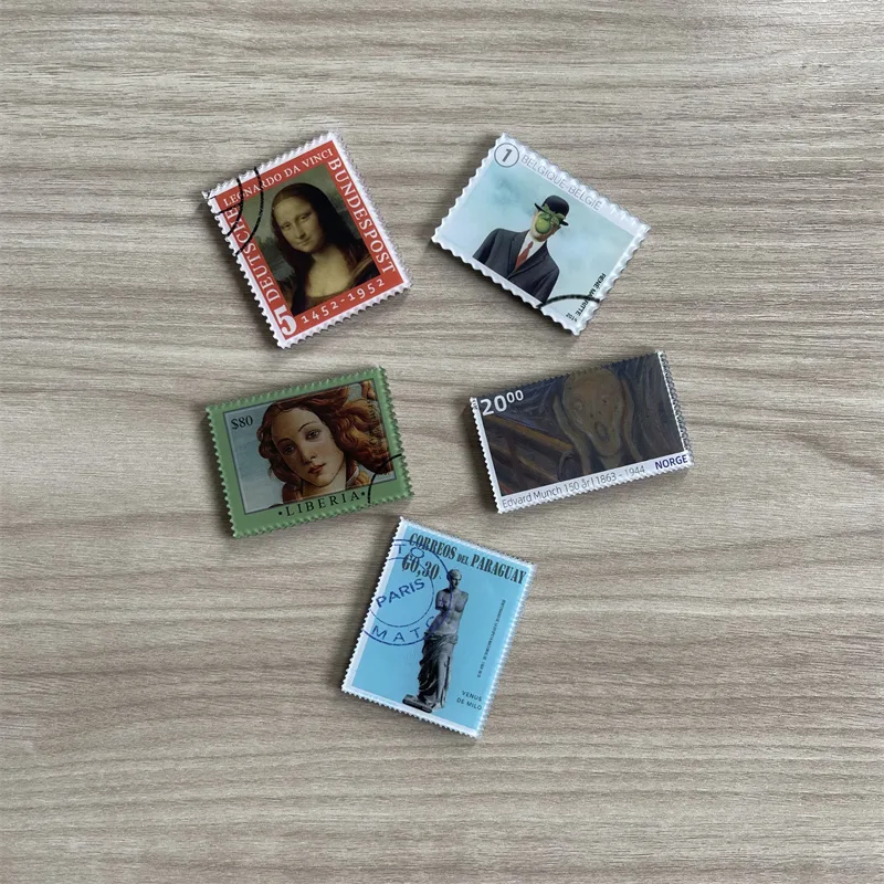 Fridge magnets die-cut like perforated postage stamps, each printed with a famous painting